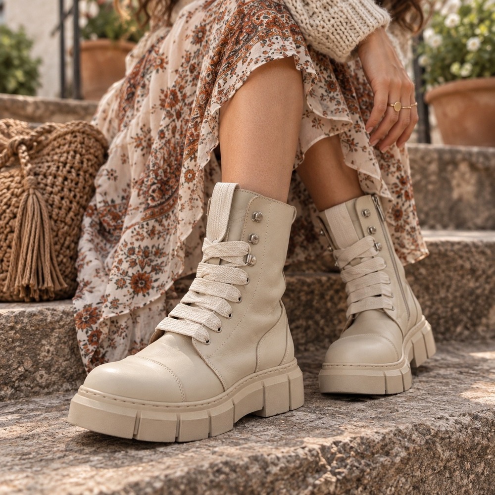 Alohas Can Can Cream Leather Combat Boots Chunky Lug Sole Made in Spain Size 39